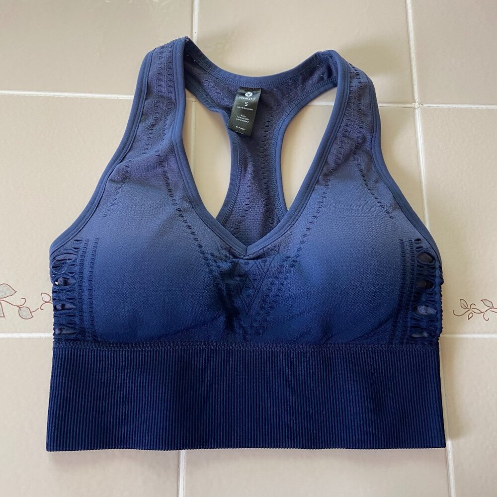 NWOT Velocity padded sports bra. Firm support, size Small. Navy blue ombre color